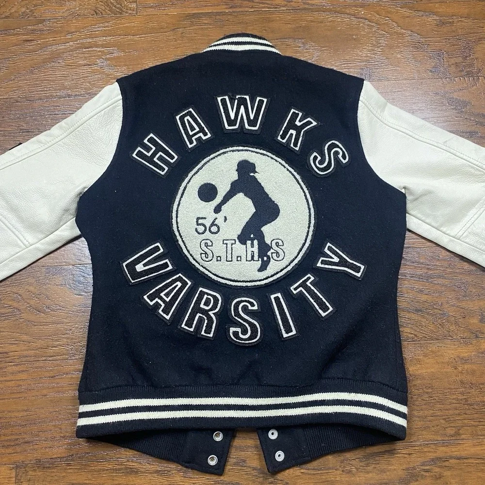 True Religion Richie Varsity Letterman Jacket Black Cream Leather Wool Mens M